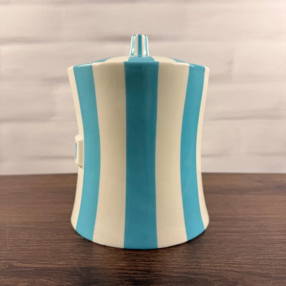 Jonathan Adler Vice MEOW Canister Blue White Striped Porcelain Lidded Jar